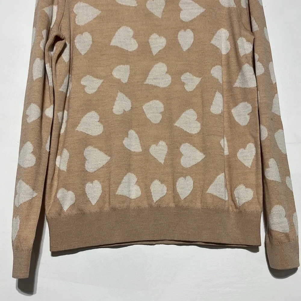 LOFT Nude Blush Pink White Hearts Ribbed Detail Crewneck Sweater Size L - Picture 3 of 9